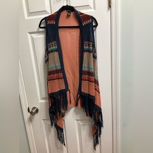 Questions Bohemian Fringe  Festival Colorblock Knit open Cardigan Sz L